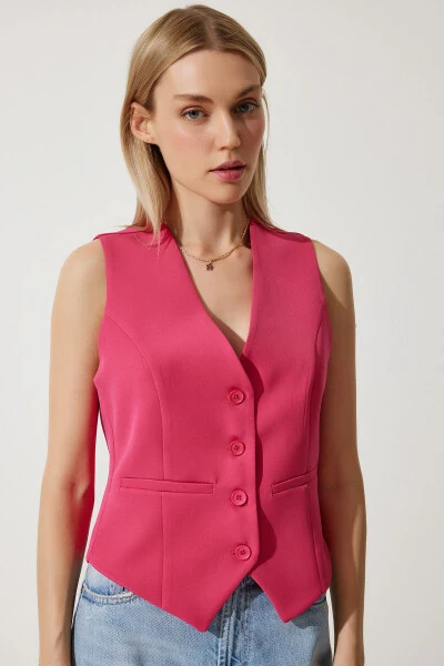 Ayollar uchun qisqa, tanaga yopishgan to'qilgan jimjimador pushti jilet TO00048 - Happiness İstanbul (1)