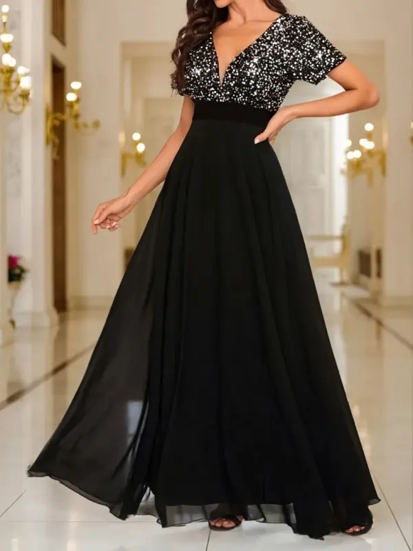 Ayollar uchun qisqa yengli, chuqur V-yengli, A-simon, payet detallari bilan bezatilgan shifon kelin dugonalari libosi - 1
