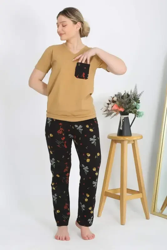 Ayollar uchun Qisqa Yengli Paxta Atlet Pijama To'plami Sariq 4214 - 3