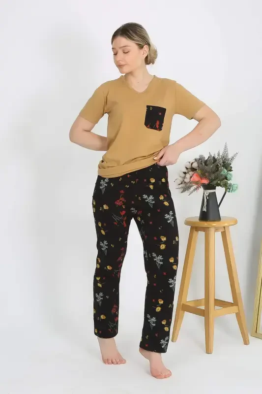 Ayollar uchun Qisqa Yengli Paxta Atlet Pijama To'plami Sariq 4214 - 4