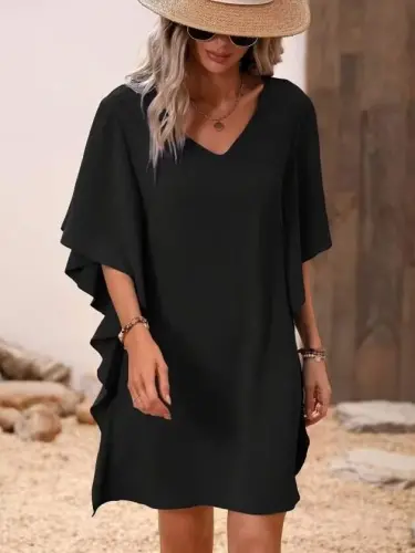 Ayollar uchun qisqa yengli, V bo‘yinli, yon tomonlari volanli, kalta import krep ko‘ylak - 3