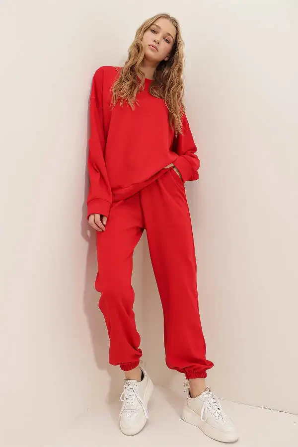 Ayollar uchun qizil bisiklet yoqali, elastik bel va manjetli, ikki iplikli Basic sport kostyumi ALC-507-669-001 - 4