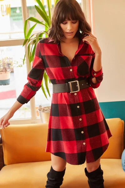 Ayollar uchun Qizil Drovchi Qalin Kletkali Tunika Ko'ylak ELB-19000836 - OLALOOK (1)