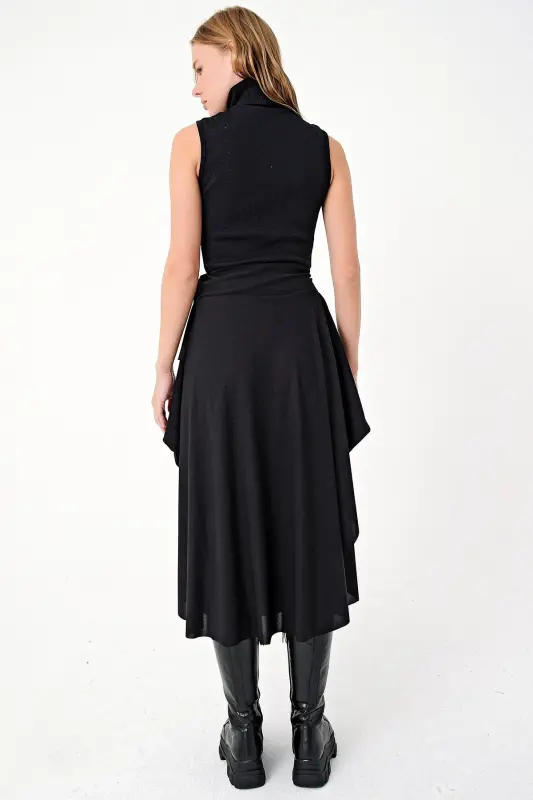 Ayollar uchun qora assimetrik kesilgan kamar bog'lab turuvchi yirtiq etek - 6