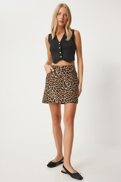 Ayollar uchun qora bej leopard naqshli mini denim yubka UL00041 - HAPPINESS İSTANBUL