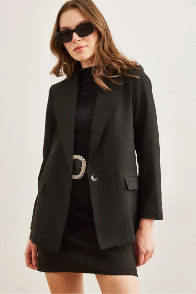 Ayollar uchun qora, bir tugmali, astarli cho'ntakli, qopqoqli, premium blazer CKT-19000395 - OLALOOK (1)