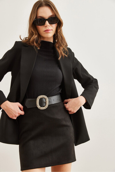 Ayollar uchun qora, bir tugmali, astarli cho'ntakli, qopqoqli, premium blazer CKT-19000395 - 6