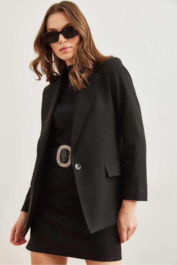 Ayollar uchun qora, bir tugmali, astarli cho'ntakli, qopqoqli, premium blazer CKT-19000395 - 7