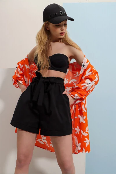 Ayollar uchun qora elastik kamarli ikki cho'ntakli keng oyoqli jinsi shortilar ALC-X8450 - 6