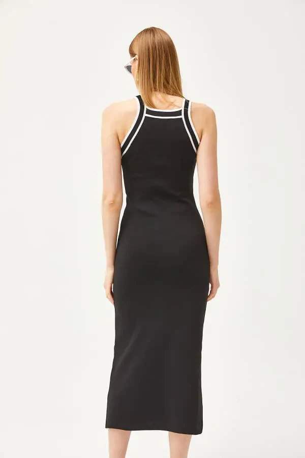 Ayollar uchun qora halter bo'yinli maxi trikotaj ko'ylak ELB-19002070 - 5