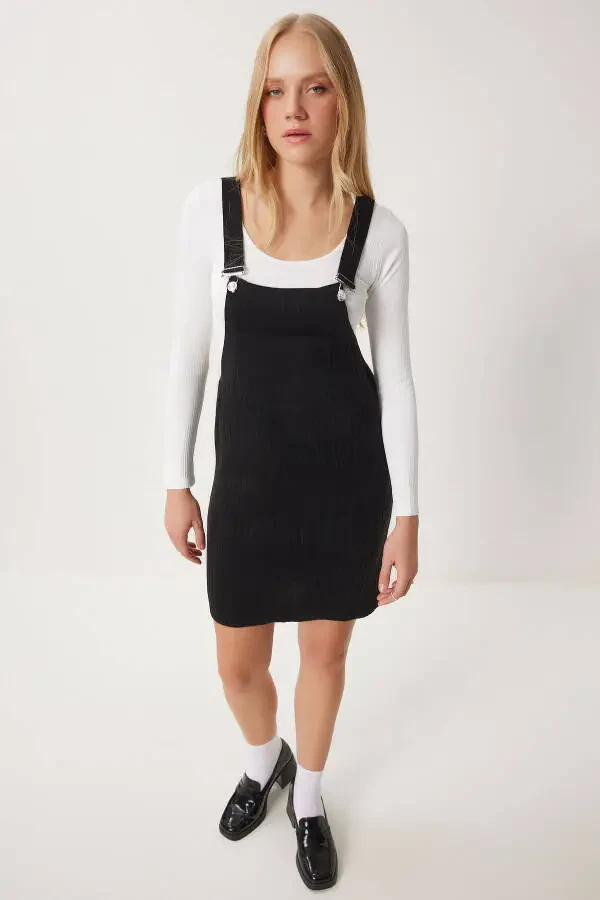 Ayollar uchun qora keng cho'ntakli triko salopet CI00112 - 1