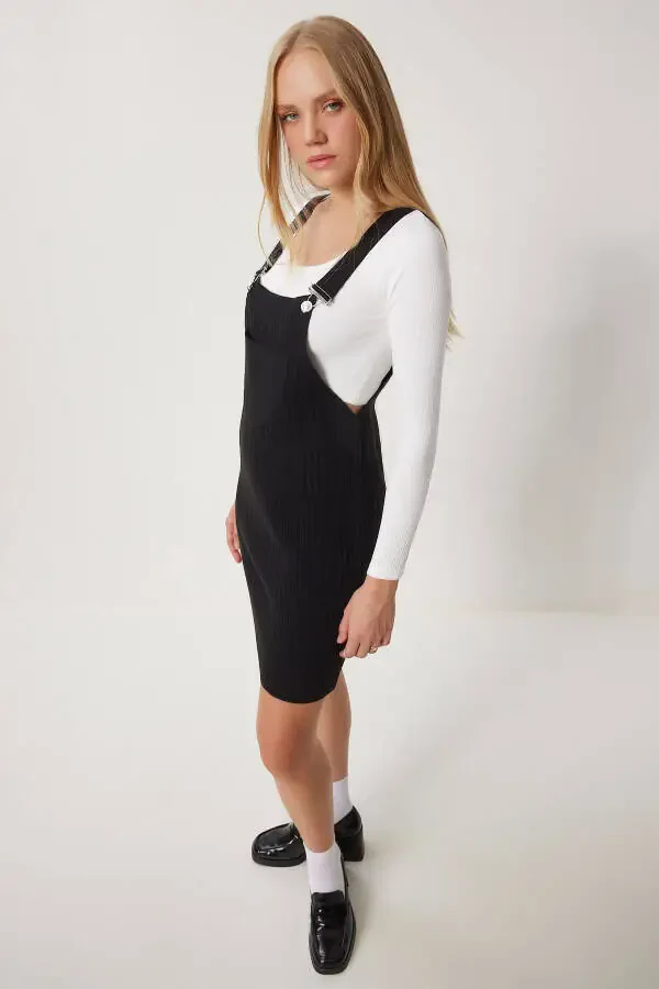 Ayollar uchun qora keng cho'ntakli triko salopet CI00112 - 2