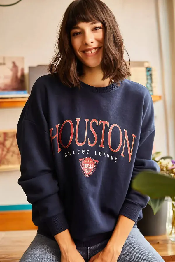 Ayollar uchun qora-ko‘k Houston bosib chiqarilgan kakajira sweatshirt SWT-19000426 - 2