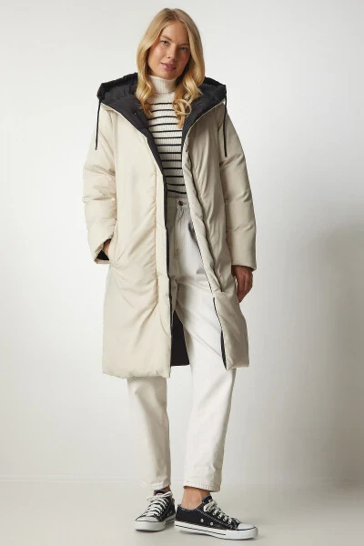 Ayollar uchun qora krem qalpoqli pufakli kurtka VP00005 - 6