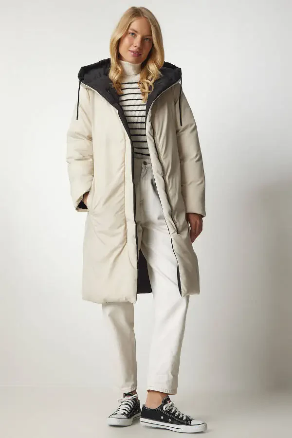 Ayollar uchun qora krem qalpoqli pufakli kurtka VP00005 - 6