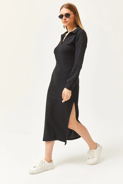 Ayollar uchun qora polo yoqali yirtiq va shardonli midi ko'ylak ELB-19002050 - 1