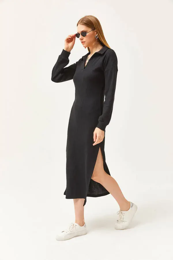 Ayollar uchun qora polo yoqali yirtiq va shardonli midi ko'ylak ELB-19002050 - 2