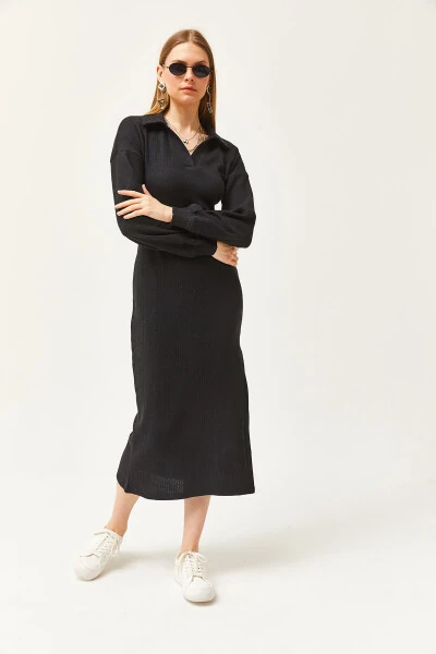 Ayollar uchun qora polo yoqali yirtiq va shardonli midi ko'ylak ELB-19002050 - 3