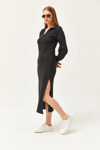 Ayollar uchun qora polo yoqali yirtiq va shardonli midi ko'ylak ELB-19002050 - 4