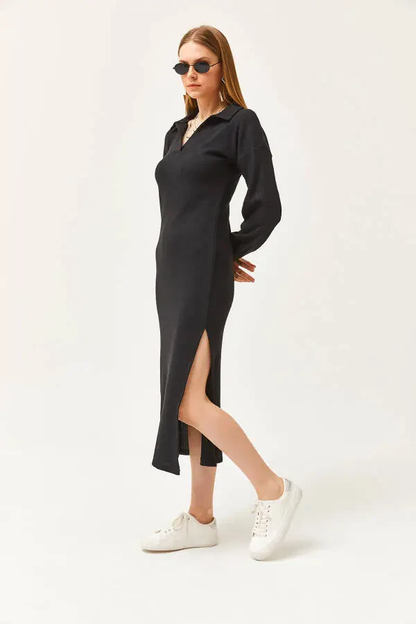 Ayollar uchun qora polo yoqali yirtiq va shardonli midi ko'ylak ELB-19002050 - 4