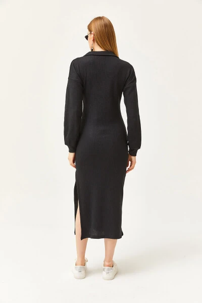 Ayollar uchun qora polo yoqali yirtiq va shardonli midi ko'ylak ELB-19002050 - 5