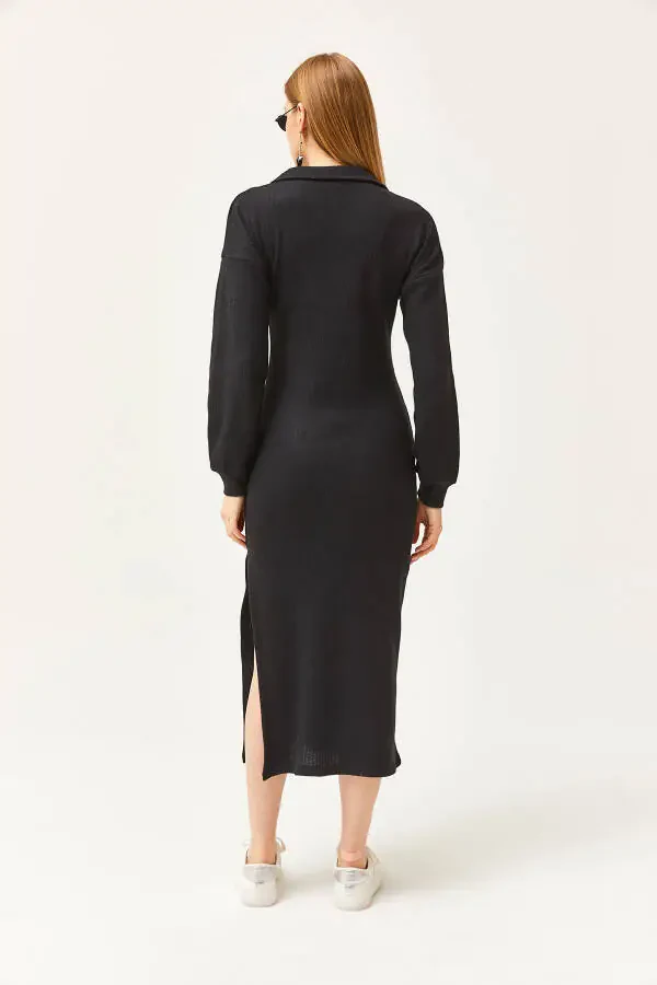 Ayollar uchun qora polo yoqali yirtiq va shardonli midi ko'ylak ELB-19002050 - 5