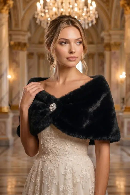 Ayollar uchun qora qisqa broshli mo'yna etol kelin bolero yelka shali - 3