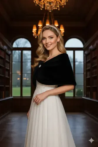 Ayollar uchun qora qisqa broshli mo'yna etol kelin bolero yelka shali - 7