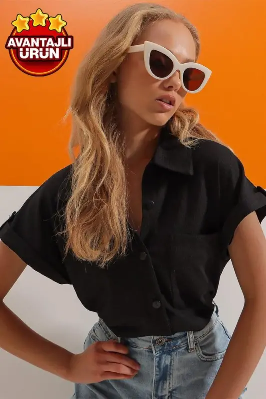 Ayollar uchun qora rangli dubl qisqa yengli to'qima ko'ylak ALC-X8724 - TREND ALAÇATI STILI