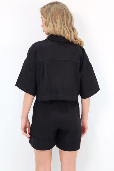 Ayollar uchun qora rangli ikki cho'ntakli ko'ylak va shortilar bilan zig'ir to'plam ALC-X12261 - 6