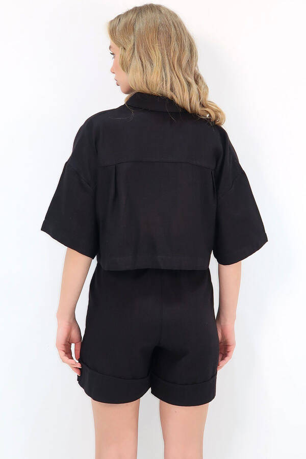 Ayollar uchun qora rangli ikki cho'ntakli ko'ylak va shortilar bilan zig'ir to'plam ALC-X12261 - 6