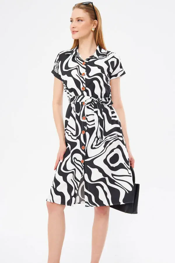 Ayollar uchun qora rangli naqshli kamarli belbog'li qisqa yengli ko'ylak ko'ylak ARM-22Y001058 - 3