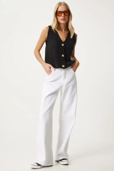 Ayollar uchun qora rangli V bo'yinli triko jilet YY00221 - 3