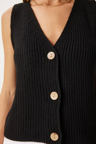 Ayollar uchun qora rangli V bo'yinli triko jilet YY00221 - 4