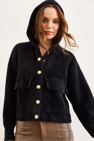 Ayollar uchun qora yoqimli cho'ntakli yumshoq teksturali qalin soqolli sviter HRK-19000325 - 3