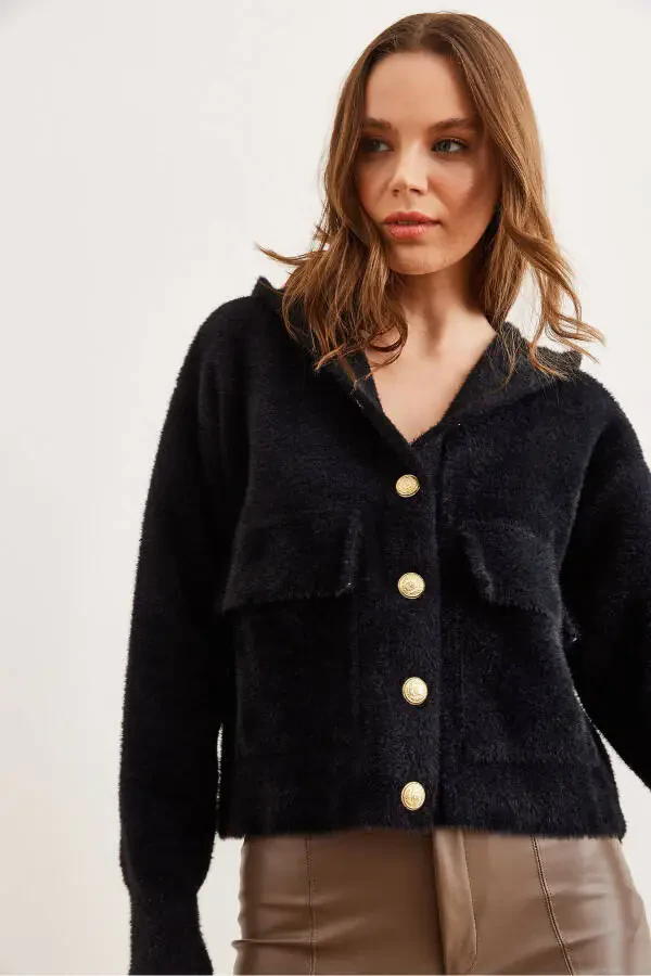 Ayollar uchun qora yoqimli cho'ntakli yumshoq teksturali qalin soqolli sviter HRK-19000325 - 5