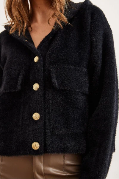 Ayollar uchun qora yoqimli cho'ntakli yumshoq teksturali qalin soqolli sviter HRK-19000325 - 6