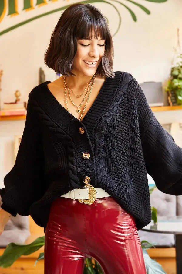 Ayollar uchun qora yoqimli sochlar bilan triko kardigani HRK-19000082 - 3