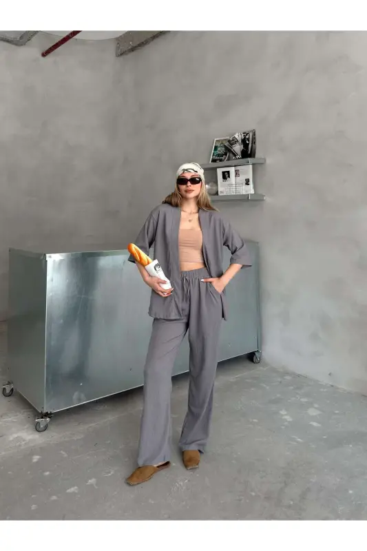 Ayollar uchun qulay bichimli kimono pastki va ustki to'plami - Tutunrang - 5