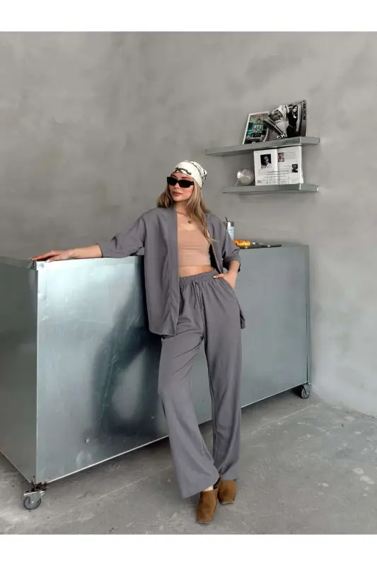 Ayollar uchun qulay bichimli kimono pastki va ustki to'plami - Tutunrang - 6