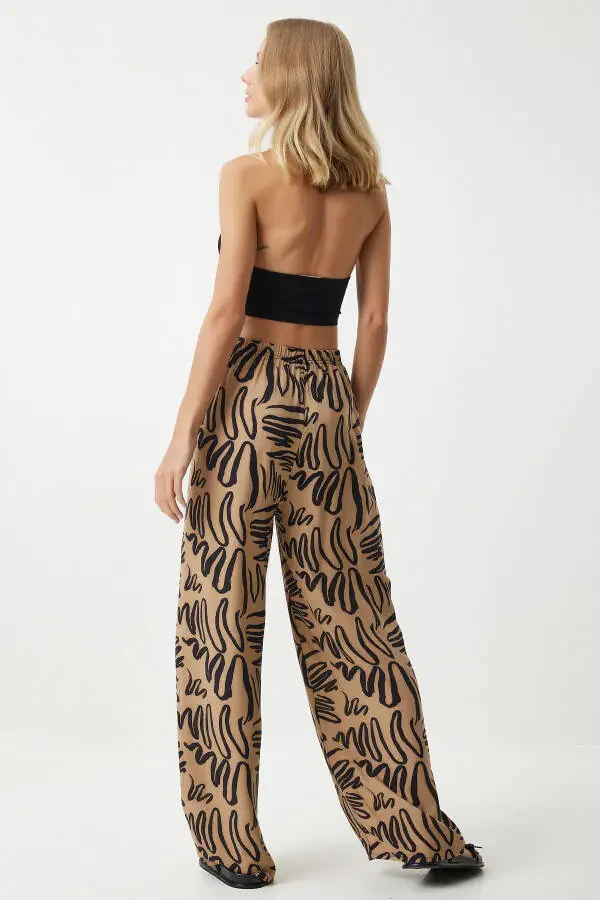 Ayollar uchun quyuq bej naqshli yumshoq viskoz palazzo shimi EN00606 - 3