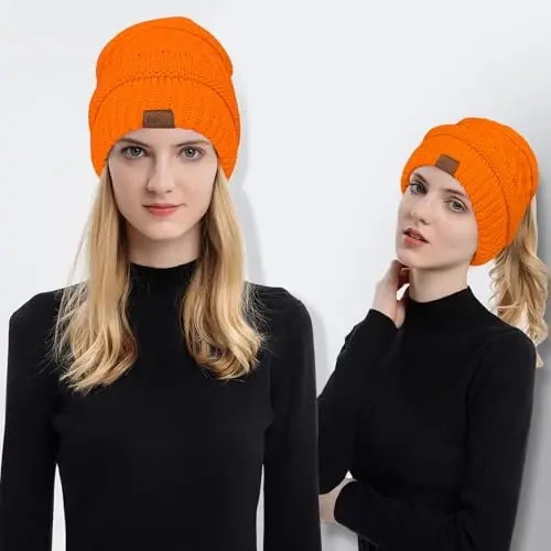 Ayollar uchun Rosoz 1 va 2 ta Ponytail Beanie to'plami, Qishki Issiq Beanie dumi Yumshoq cho'zilgan kabel naqshli tartibsiz baland to'plamli shapka - ROSOZ (1)