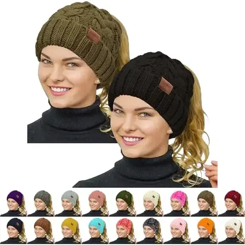 Ayollar uchun Rosoz Ponytail Beanie, Qishki issiq Beanie dumi Yumshoq cho'ziluvchan Kabel to'qilgan Messy High Bun Hat - MODAZONE
