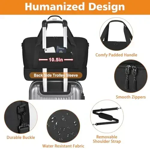 Ayollar uchun sayohat hafta oxiri sumkasi, Oyoq kiyim bo'linmasi bo'lgan tunash sumkasi, Trolley Sleeve 21