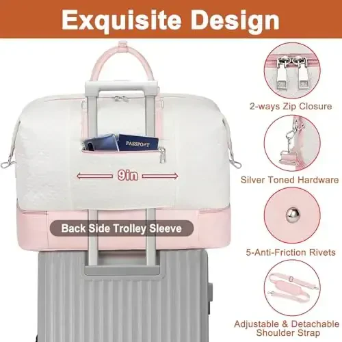 Ayollar uchun sayohat Weekender sumkasi, oyoq kiyim bo'linmasi bilan tunash sumkasi, katta o'lchamli sayohat Duffle sumkasi, Trolley Sleeve 21