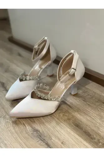 Ayollar uchun Sedef singan oq 7 sm to'piqli toshli qulay stiletto to'y poyabzali - 1