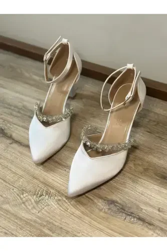 Ayollar uchun Sedef singan oq 7 sm to'piqli toshli qulay stiletto to'y poyabzali - 4