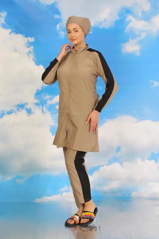 Ayollar uchun shimlar yopiq mayo, qo'l chiziqlari, bej 31066 - 5