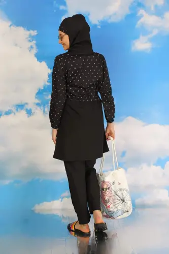 Ayollar uchun shimli naqshlangan toʻliq yopiq suzish kostyumi Qora 31074 - 5