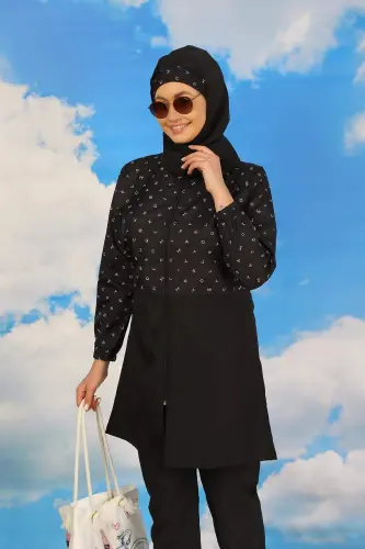 Ayollar uchun shimli naqshlangan toʻliq yopiq suzish kostyumi Qora 31074 - 6
